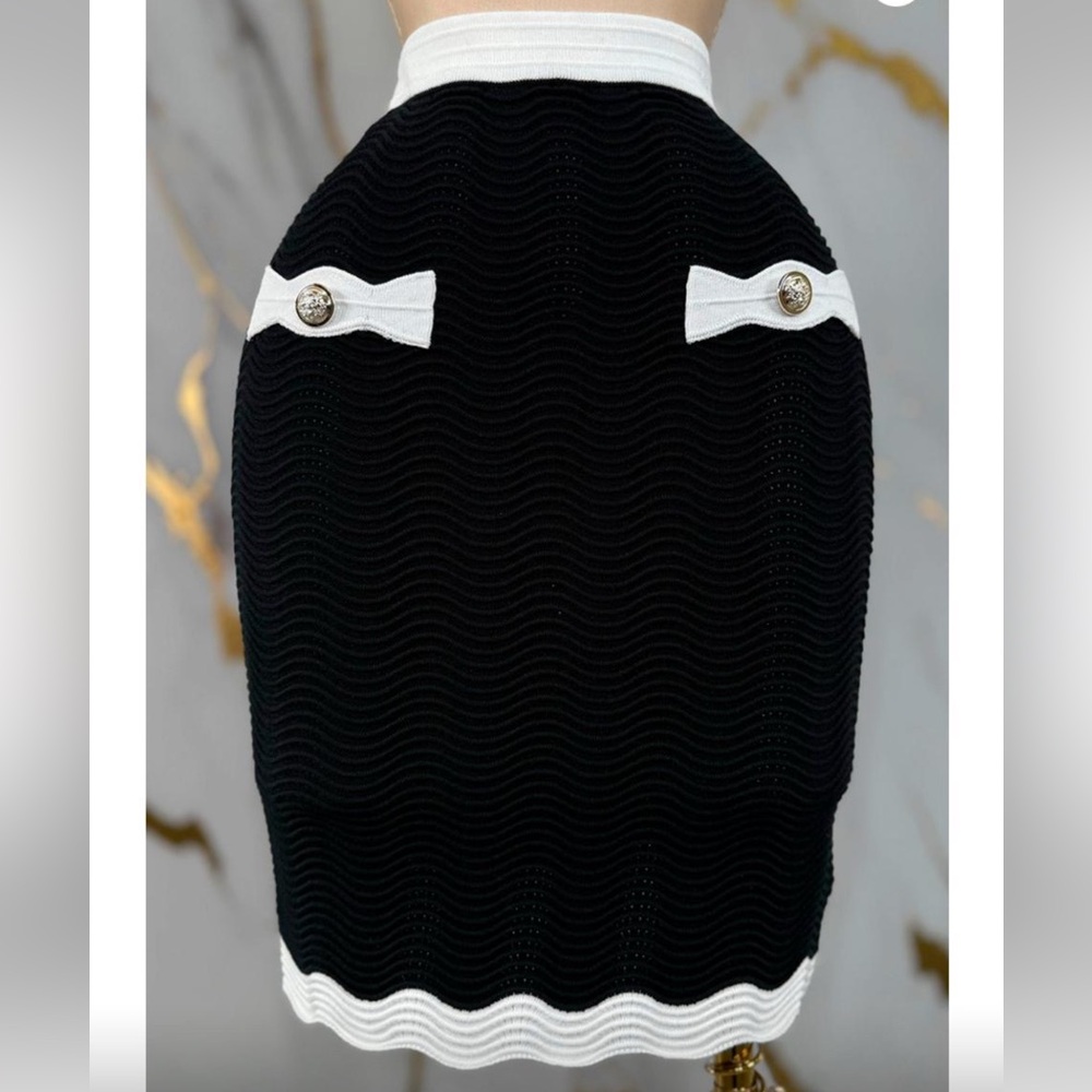 Black Knit Dress with White Bow Accents